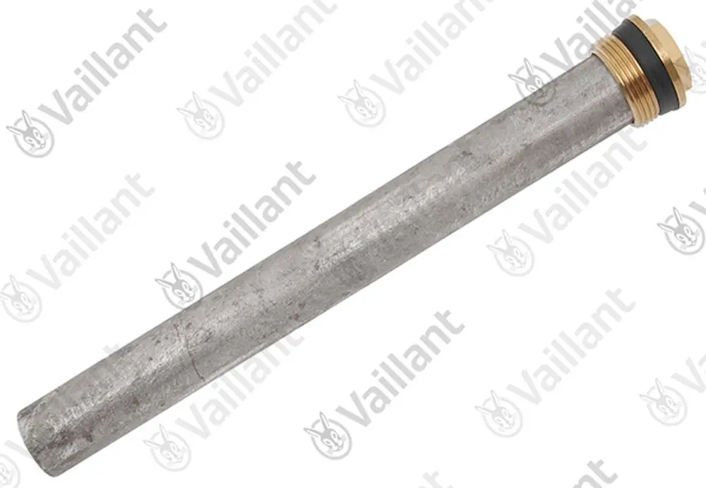 Vaillant Anode aus metallischem Material mit einem goldenen Gewinde und gummiertem Dichtring, geeignet für Heizsysteme.